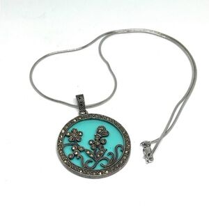 Sterling Silver Marcasite Faux Turquoise Necklace